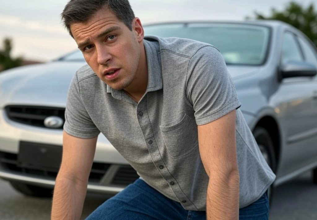 homme au sol devant sa voiture
