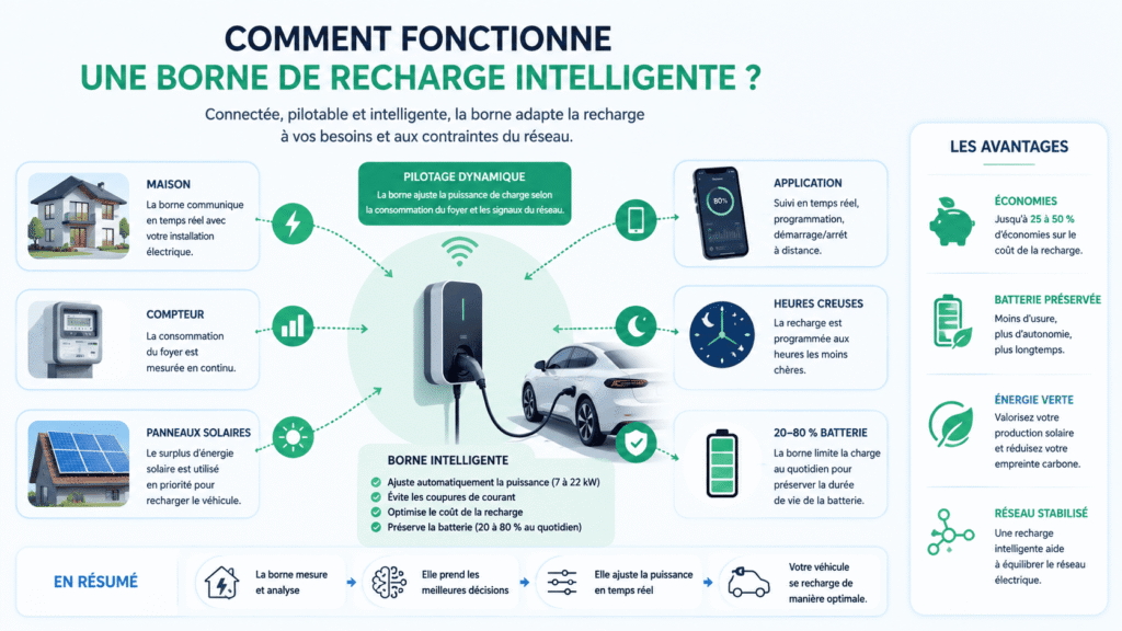 Infographie expliquant le fonctionnement d'une borne de recharge intelligente.
