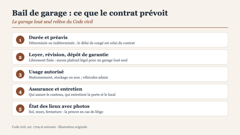 Bail de garage : les 5 points que le contrat doit prévoir (durée, loyer, usage, assurance, état des lieux)