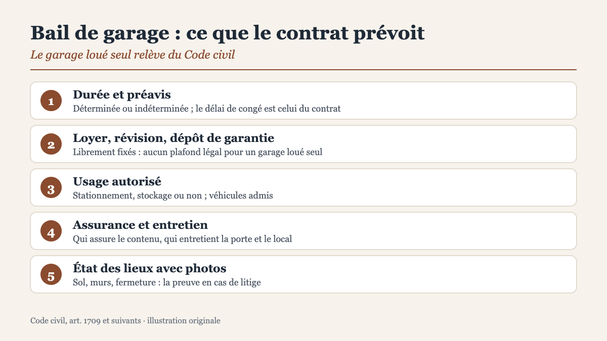 Bail de garage : les 5 points que le contrat doit prévoir (durée, loyer, usage, assurance, état des lieux)